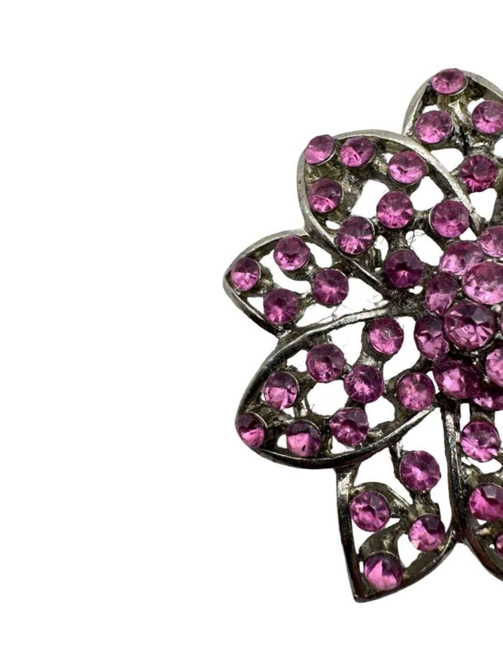 Vintage Pink Rhinestone Flower Brooch Silver Tone Floral Pin 1.75” - Picture 5 of 8